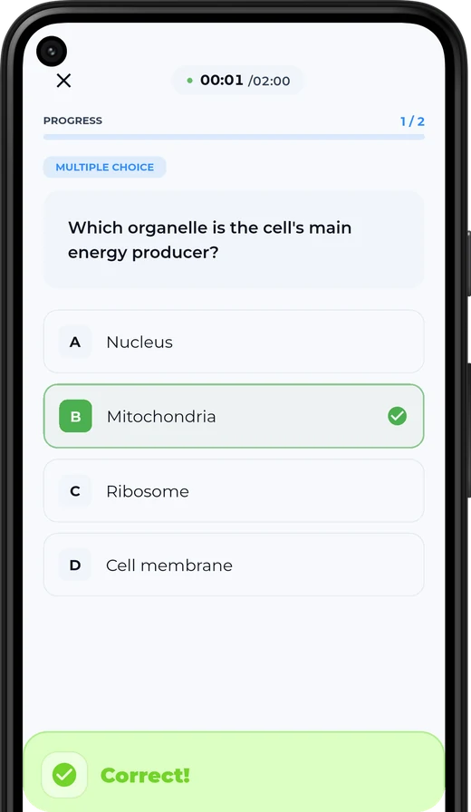 A multiple-choice question in Kwezr with the correct answer marked